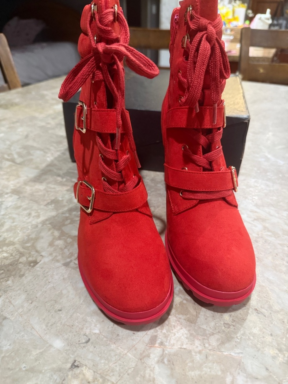 Women’s Red Lace-Up Buckle Ankle Boots